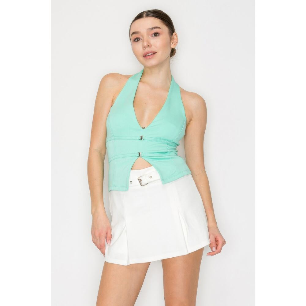HackleBee | Pool Mint Halter Neck Buckled Open-back Top Size S, M, L